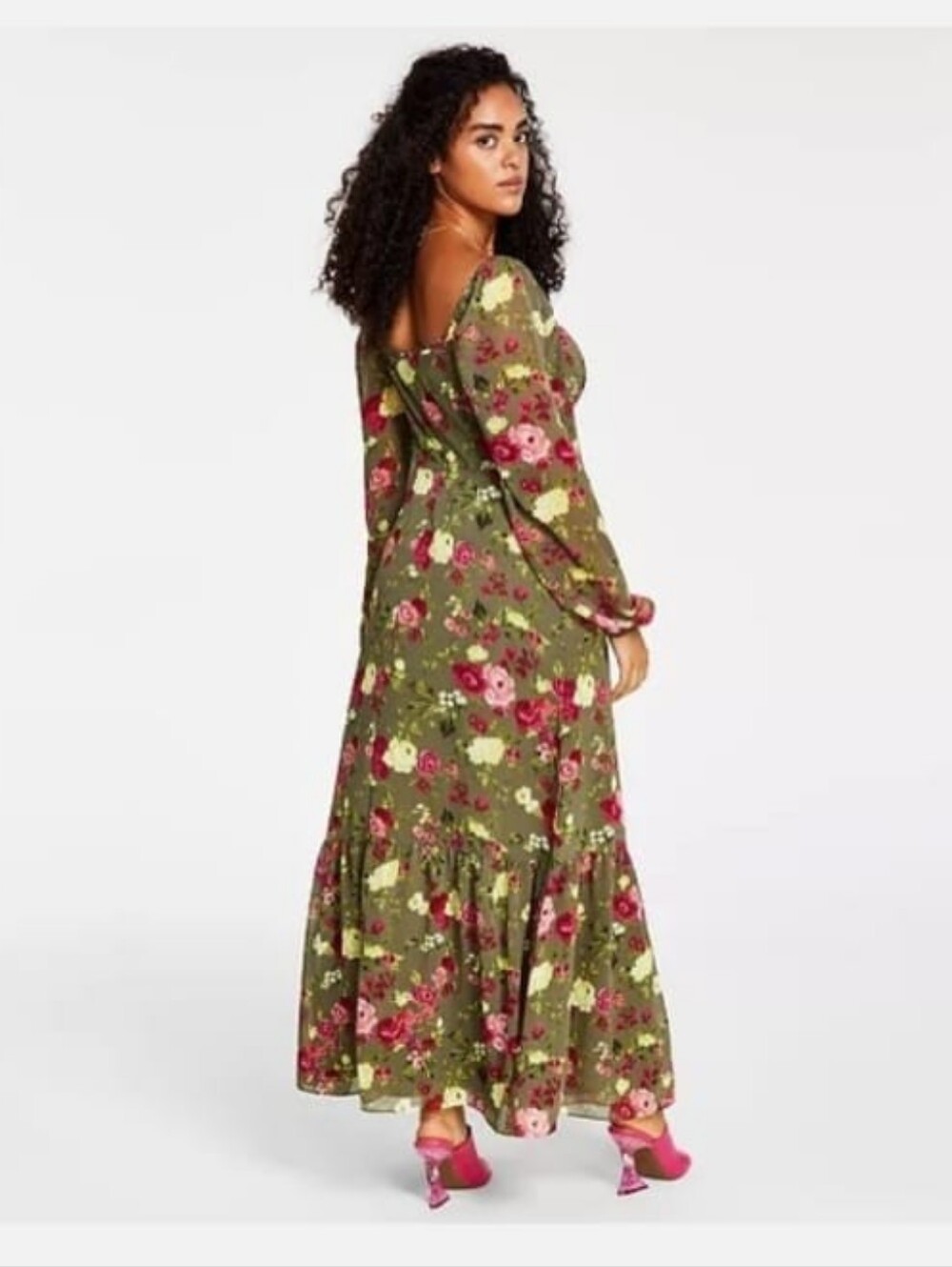 Bar III Olive Floral Maxi Dress with Pink Blooms
